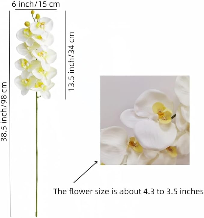 2 Pcs Orchid Stems 38" Artificial Flowers Real Touch Latex Faux Phalaenopsis Branches White Artificial Flowers for Wedding Party Home Garden Decor (White)