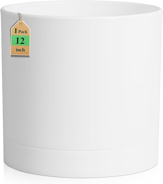 WSMKSZ 12 Inch Large Deep Flower Pots for Outdoor Indoor Plants, Cylinder Tall Plant Pots with Drainage Holes and Saucer, Big Decorative Plastic Planter Pots for Garden House Plants, White