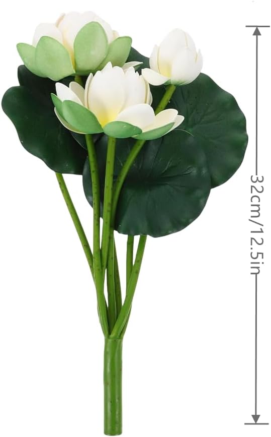 2Pcs Artificial Lotus Flower Decor, 12.5inch 7 Head Water Lilies, Outdoor Pond Plants, Silk Artificial Flower Lotus, Household Living Room and Dining Table Decoration (White)