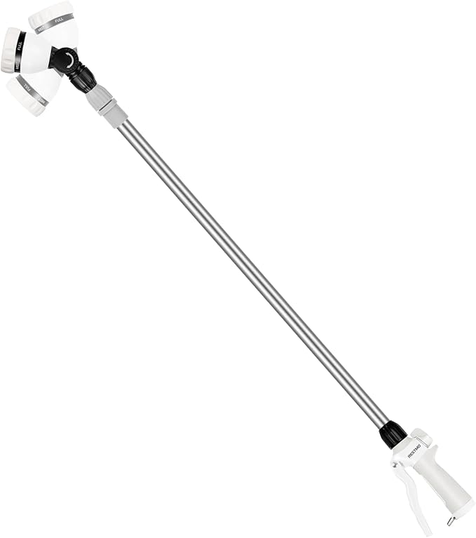 RESTMO 36”-60” Metal Watering Wand, Long Telescopic Tube | 180° Adjustable Ratcheting Head | 7 Spray Patterns | Flow Control, Perfect Garden Hose Sprayer to Water Hanging Baskets, Shrubs, White