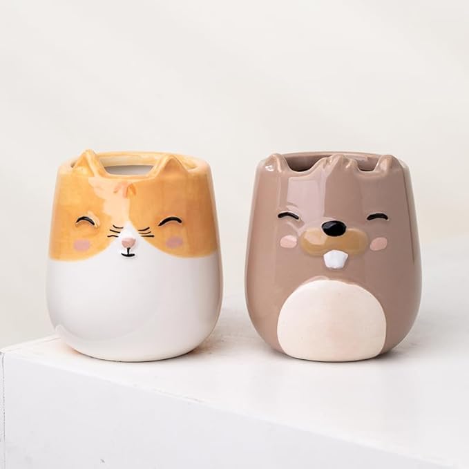 Kitten Animal Ceramic Planter for Indoor and Outdoors, 3 x 3 x 4 in., Cute Hand Painted Designed in Argentina, Convenient Drain Hole