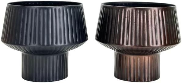 Wide Top Modern Handmade Metal Indoor Planter with Unique Shape, Vertical Grooved Design and Anti-Scratch Pads, Rust-Resistant Finish that is Sustainable Non-Plastic Pot Recyclable Metal Vase (Black)