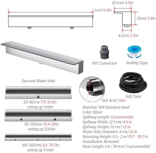 Waterfall Spillway for Indoor/Outdoor Decorative,Pond Spillway Kit Waterfall Overflow with Flexible Tube & Connector for Koi Ponds Back Inlet Design Fountain Spray Outlet for Stunning Water