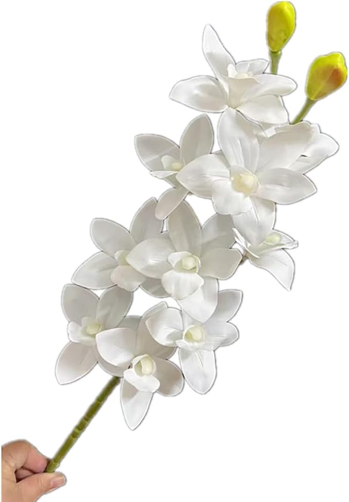 4pcs White Artificial Orchids 10 Heads Fake Cymbidium Orchids with Realistic Touch, Lifelike Flowers for Wedding Centerpieces Home Decor Living Room Bathroom Office Vase Arrangements (pure white)