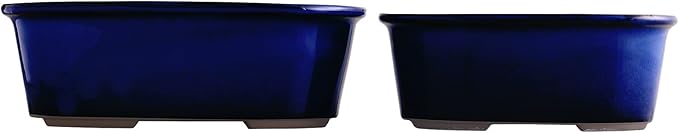 Wazakura Banko Series 2 PCS Blue Bonsai Pot Set with Drainage Holes, Made in Japan Ceramic Garden Planter Pack, Handmade Glazed Houseplant Bowl