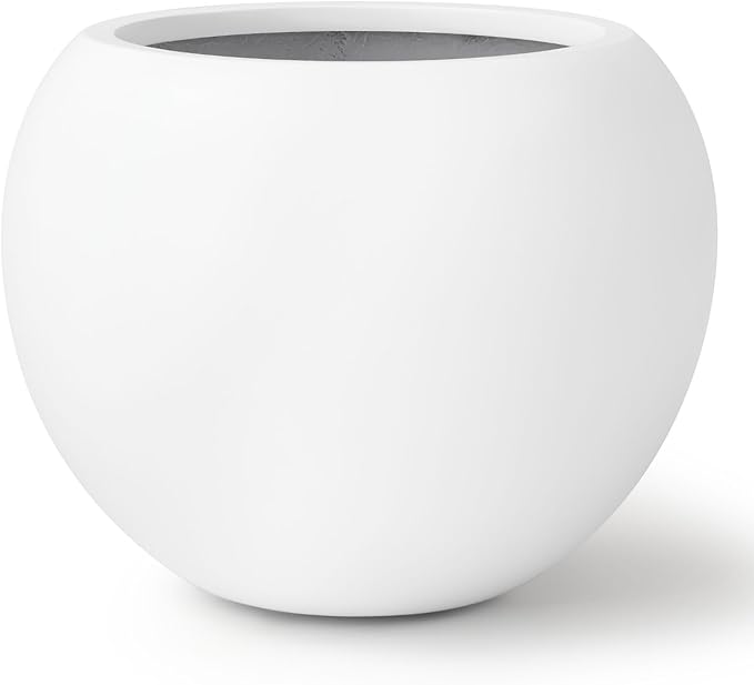 9.7" H x 12" D Premium Globo Fiberstone Round Planter with Drainage Hole, Smooth Finishes, Weather Resistant for Indoor and Outdoor Use, Included 2 Extra Coco Mats (White, 7.8" Pot Opening)