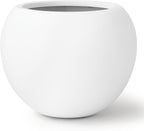 9.7" H x 12" D Premium Globo Fiberstone Round Planter with Drainage Hole, Smooth Finishes, Weather Resistant for Indoor and Outdoor Use, Included 2 Extra Coco Mats (White, 7.8" Pot Opening)