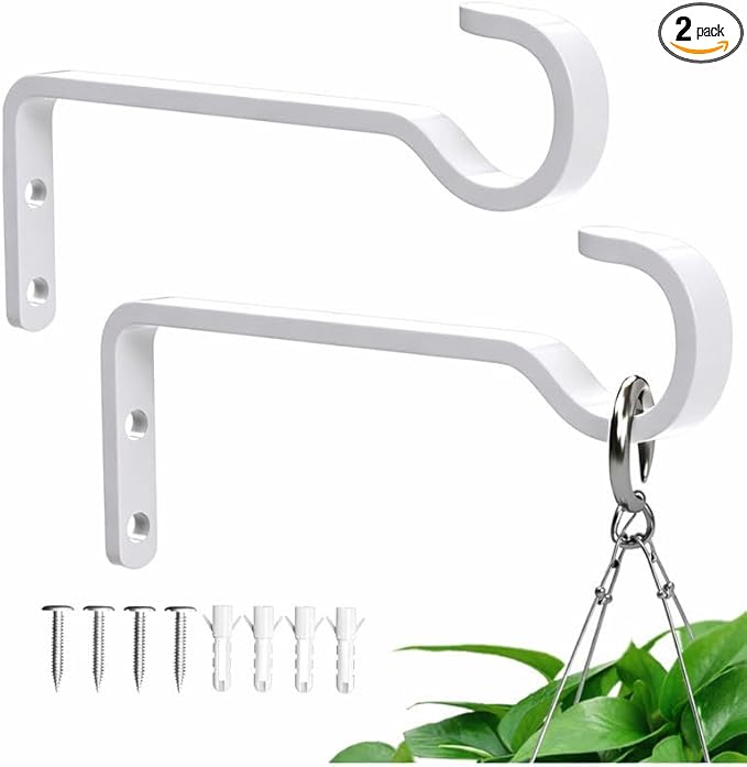saffruff 6 Inch 2 Pack Heavy Duty Outdoor Plant Hangers for Hanging Baskets, Iron Hanging Plant Brackets, Metal Plant Wall Hooks for Lantern, Bird Feeder, Windchime, White