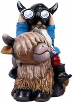 Joint Honglin Garden Gnome Statues Resin Gnome Sitting on Highland Cow Solar LED Lights Outdoor Telescope Gnome Decorations