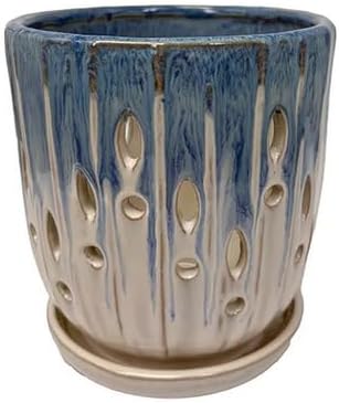 Aspen & Fig Blue & White 8 Inch Indoor Orchid Plant Pot with an Attached Saucer and Drainage Hole for House Plants, Herbs, Flowers, Succulent Plants, Snake Plants, Gifts for Mom