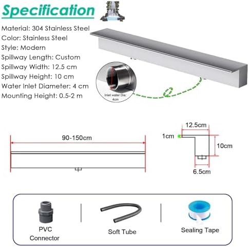 Waterfall Spillway for Indoor/Outdoor Decorative,Stainless Steel Fountain Spillway Kit Modern Embedded Design for Pools & Garden Ponds One Piece Waterfall Outlet for Elegant Outdoor Decor