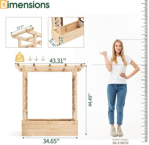 VINGLI 45 in Raised Garden Bed with Trellis & Hanging Roof, Wooden Elevated Planter Box with Drainage Holes for Outdoor Climbing Plants Vegetables Flowers, Patio Yard Balcony (Natural Wood, Medium)