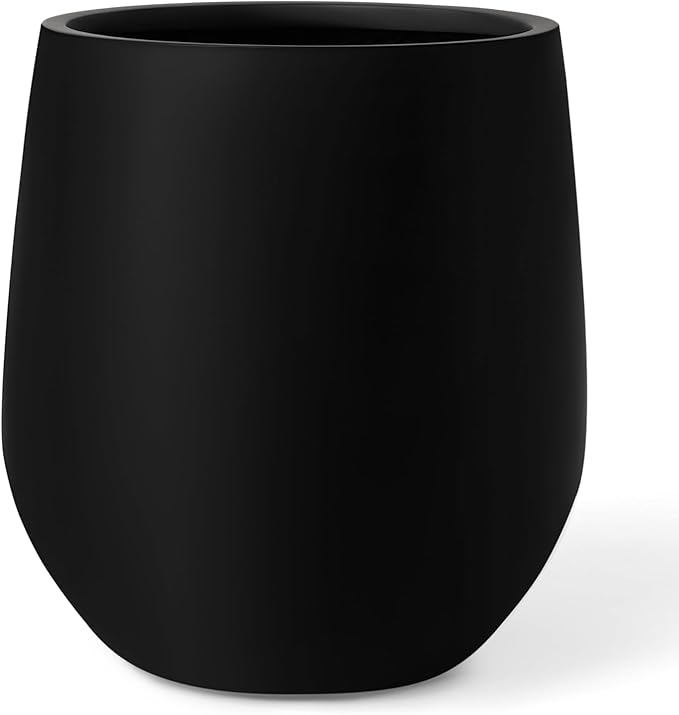 12.5" H x 11.4" D Premium Corso Fiberstone Round Tapered Planter with Drainage Hole, Weather Resistant for Indoor and Outdoor Use, Included 2 Extra Coco Mats (Black, 9" Pot Opening)