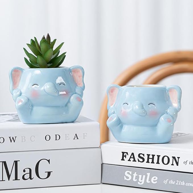 DIYOMR Cute Animals Planter, Mini Ceramic Cartoon Animal Shaped Succulent Flower Pot Indoor Air Plants Holder, Smooth Shiny Decorative Flower Cactus Planter - Plants Not Included (Baby Elephant)