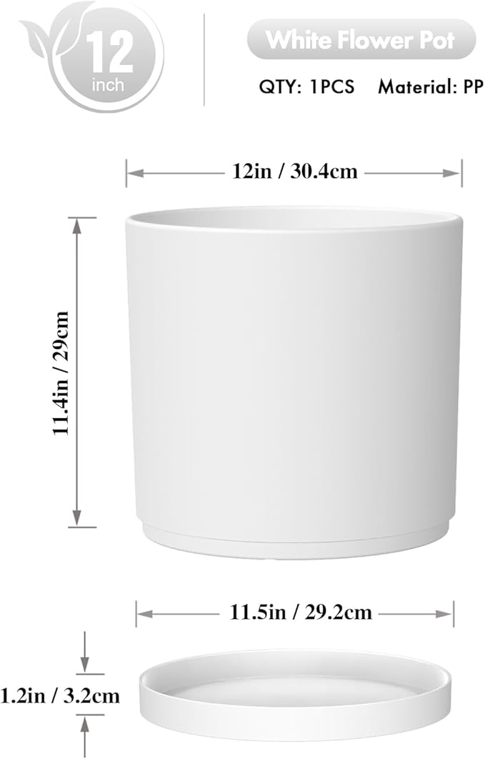 WSMKSZ 12 Inch Large Deep Flower Pots for Outdoor Indoor Plants, Cylinder Tall Plant Pots with Drainage Holes and Saucer, Big Decorative Plastic Planter Pots for Garden House Plants, White