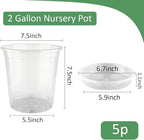 BTPLASTIK 2 Gallon Clear Nursery Pots with Saucers 5P, 7.5 Inch Round Plastic Plant Pots with Drainage Holes