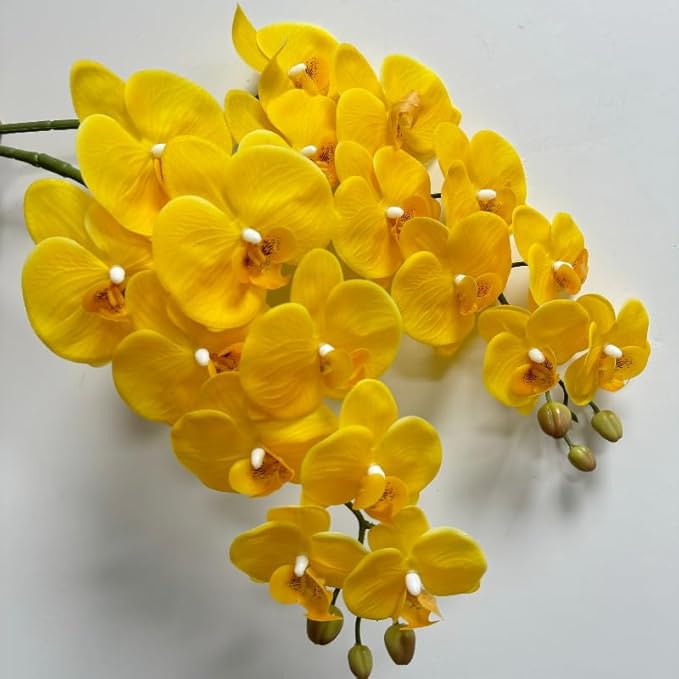 2 Pcs Orchid Stems 38" Artificial Flowers Real Touch Latex Faux Phalaenopsis Branches White Artificial Flowers for Wedding Party Home Garden Decor (Yellow)