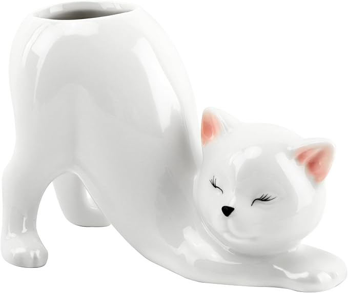 Tailless Cat Ceramic Planter – for Succulents & Cactus, Indoor Small Pot | Home/Office Desk Decor, Gift for Pet Lovers