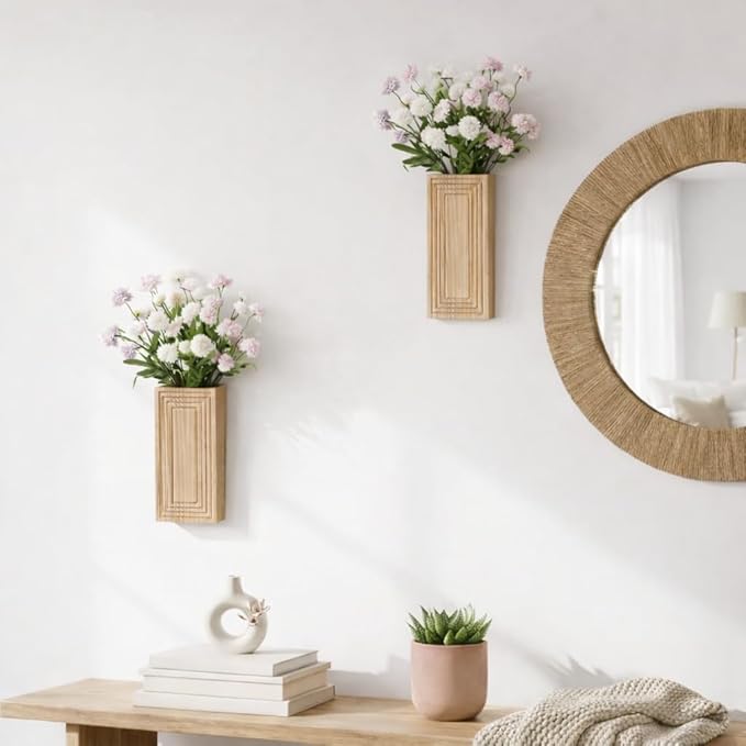 Wooden Wall Planter Vase,2 Pack Natural Wood Hanging Planter for Indoor Fake Plants Modern Boho Farmhouse Wall Art Decor for Home Kitchen Modern Farmhouse Bathroom Living Room Dining Room