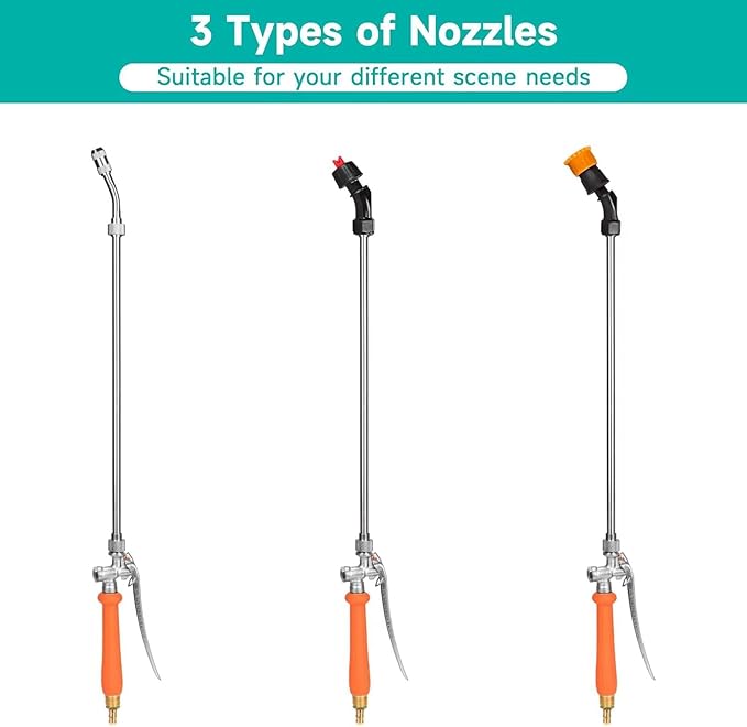 All Metal Sprayer Wand with 3 Types of Nozzles, Fan Nozzle Replacement Sprayer Wand, Stainless Steel Sprayer Wand with 1/4" & 3/8" Brass Barb and 2 Hose Clamps (3 Nozzles 44 Inches Sprayer Wand)