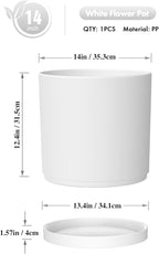 WSMKSZ 14 Inch Heavy-Duty Cylinder Deep Planter for Indoor Outdoor Plants, Tall Large Plastic Plant Pot with Drainage Holes and Saucer, Decorative Flower Pot for Patio Garden, White