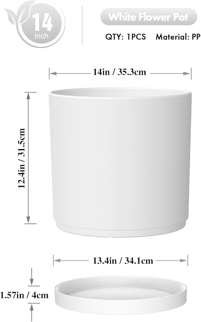 WSMKSZ 14 Inch Heavy-Duty Cylinder Deep Planter for Indoor Outdoor Plants, Tall Large Plastic Plant Pot with Drainage Holes and Saucer, Decorative Flower Pot for Patio Garden, White