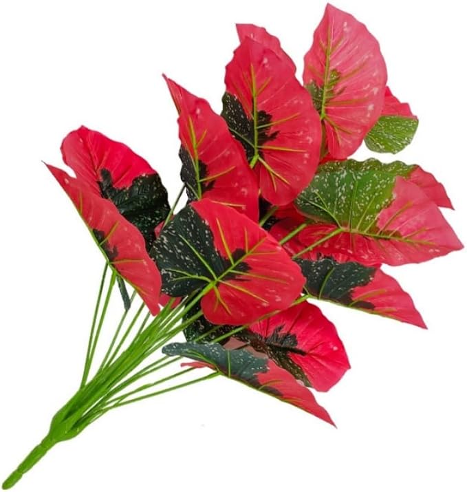 Artificial Caladium Plant with Red and Green Leaves, Red Leaf Artificial Plants Decoration Simulated Bonsai Potted Decor Home Room Party Wedding Office Floor(Rosered(No Flowerpot), 75cm)