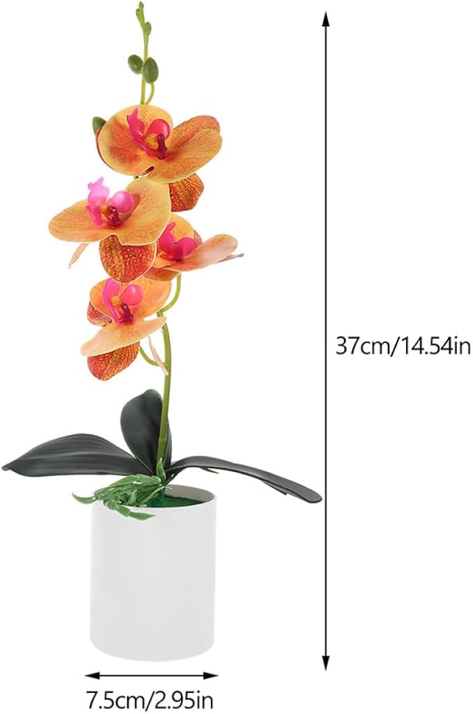 2pcs Orange Artificial Potted Orchid Flowers Faux Phalaenopsis Simulated Bonsai for Home Living Room Table Décor