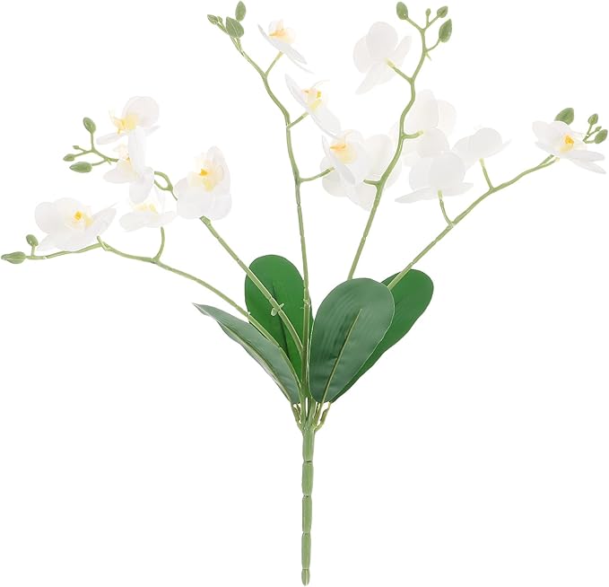 Baluue Artificial Phalaenopsis Orchid Stem Faux Leaves White Butterfly Orchid Flower for Indoor Home Decor Living Room Wedding Event Floral Arrangement