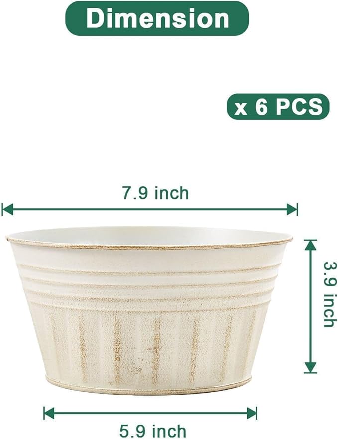 vensovo 8 Inches Beige Metal Rustic Plant Pots - 6Pcs Shallow Galvanized Planters with Drain Hole and Rubber Plug, Rustproof Tin Bucket Succulent Pot Indoor Farmhouse Vintage Style for Decor