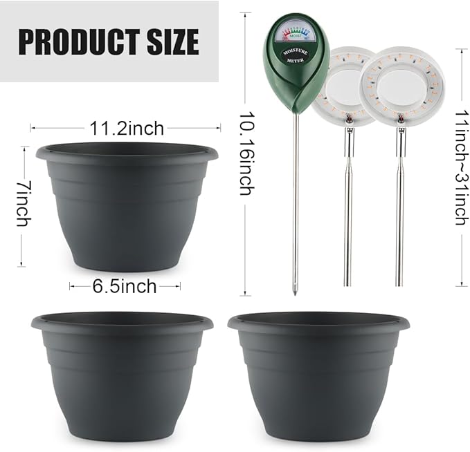2 Pack 11 Inch Plant Pots with LED Grow Lights,Indoor Flower Pots with Full Spectrum Dimmable Lights,Drainage Holes & Plug,Soil Moisture Meter Included,Modern Planters for Home Office