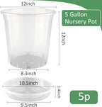 BTPLASTIK 5 Gallon Clear Nursery Pots with Saucers 5P, 12 Inch Round Plastic Plant Pots with Drainage Holes