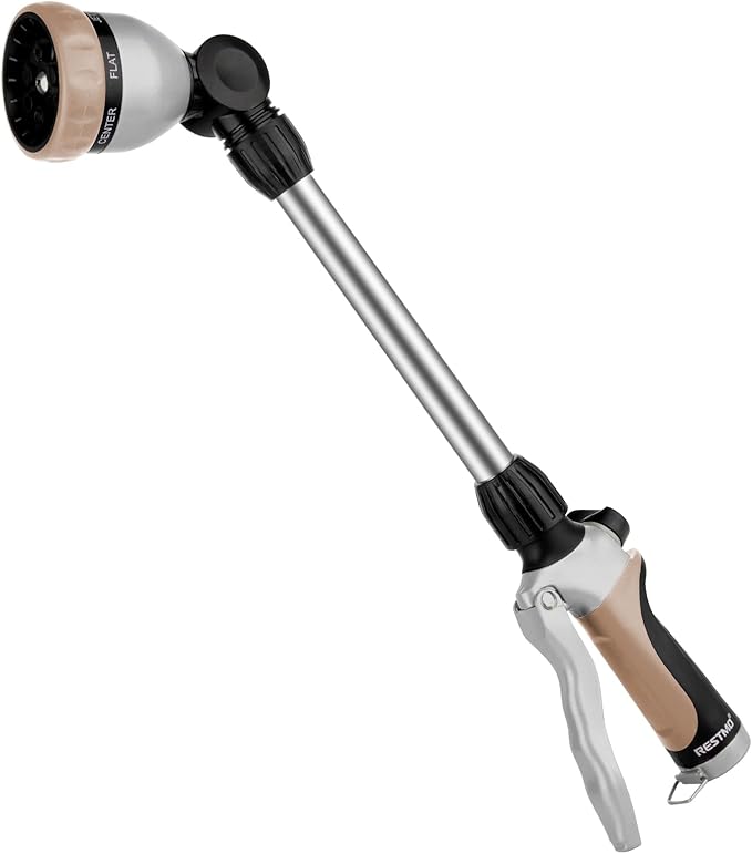 RESTMO Metal Watering Wand, Heavy Duty Garden Hose Wand with 180° Swivel Ratcheting Head, 16'' Hose Nozzle Sprayer with 7 Spray Patterns and Flow Control, for Water Hanging Baskets and Shrubs, Gold