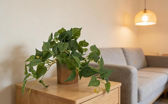 Artificial Plant Indoor Fake Pothos with Pulp Pot, Faux Potted Plant for Home, Office, Desk, Shelf, Living Room, Bedroom & Balcony Decor, 10x10cm, 2 Pack