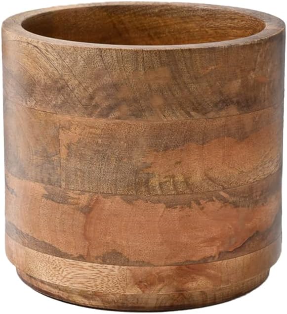 Serene Spaces Living Medium Mango Wood Cachepot – Natural Wooden Pot for Faux Flowers & Indoor Plants – Decorative Plant Holder for Home, Office, and Restaurant Decor – 6.5" Diameter & 6" Tall