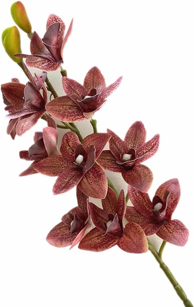 4pcs Artificial Cymbidium Orchid Flower Plant 3D Print Vanda 10 Heads Latex Phalaenopsis Flower (Autumn red)