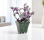 Hosley Set of 4 Green Patina Embossed Metal Planters with Ornate Floral Design, 5.25" L x 5.25" W x 5" H – Ideal for Floral Arrangements, Home Décor, Garden Accents, Rustic Weddings.