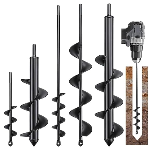 Auger Drill Bit for Planting Set of 5, 1.6x9 & 1.6x16.5 & 2.6 * 16.5" & 3 * 12" & 3 * 16.5" - Compatible with 3/8" Hex Drive Drill for Planting Bulbs, Bedding Plants, Post Holes, Mixing Soil