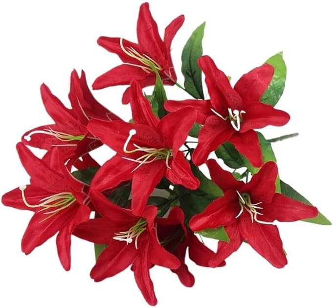 Fake Flower Simulation Flower 10 Lily Bouquet Orchid Perfume Lily Living Room Flower Arrangement Props Plastic Silk Flower(Red)