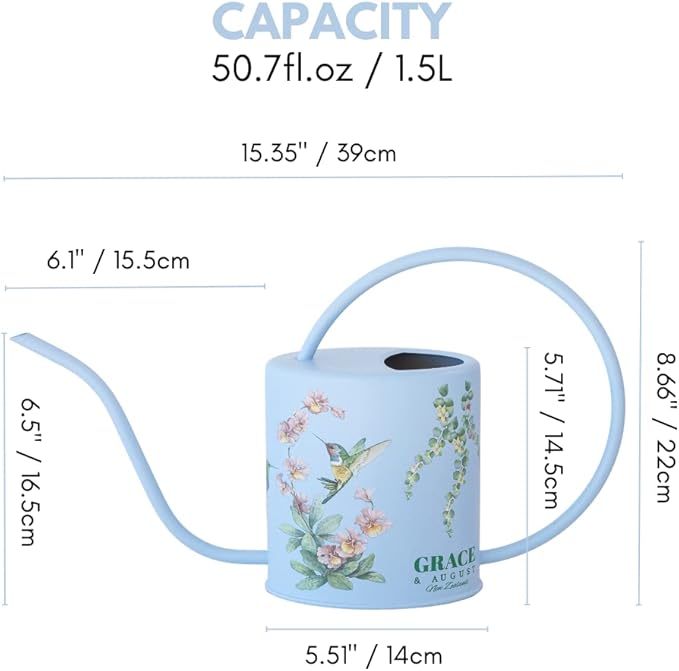 Watering Can for Indoor House Plants & Spray Water Mist Bottle - Cute Decorative Metal Gardening Small Water Can for Houseplants & Flowers with Long Spout - 1.5L 51floz 0.4 Gallon (Hummingbird Blue)