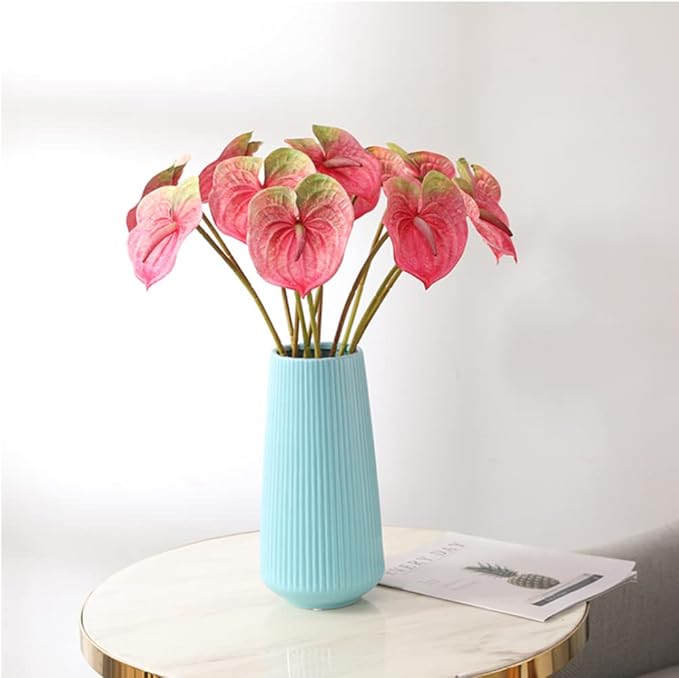 NatureMan 8 PCS 24inch Artificial Anthurium Lily Flowers Permanent Flower for Home Decoration Bouquet and Green Leaf,Wedding Festival Decoration Flower Arrangement(Pink)