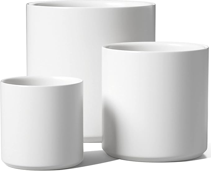 LE TAUCI Ceramic Pots for Plants, 10/8/6 Inch Indoor Planters with Draiange Hole, Silicone Plug & Mesh Pad, Modern Minimalist Pots for Home Office, Set of 3, Satin, White
