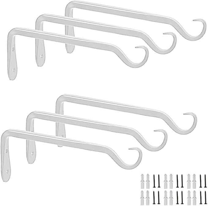Worth Garden 6 Pack 7" Plant Hanger Bracket Wrought Iron Wall Hook Hanging Heavy Duty Plant Hooks Durable and Stable for Bird Feeders, Planters Indoor & Outdoor - White