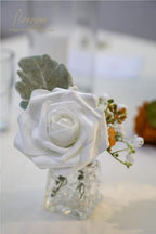 Floroom Artificial Flowers 50pcs Real Looking Shimmer Silver Grey Foam Fake Roses with Stems for DIY Christmas Tree Xmas Wedding Bouquets Party Tables Centerpieces Floral Arrangements Home Decor