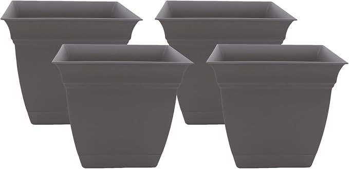 The HC Companies 12 Inch Eclipse Square Planter with Saucer - Indoor Outdoor Plant Pot for Flowers, Vegetables, and Herbs, Warm Gray (Pack of 4)