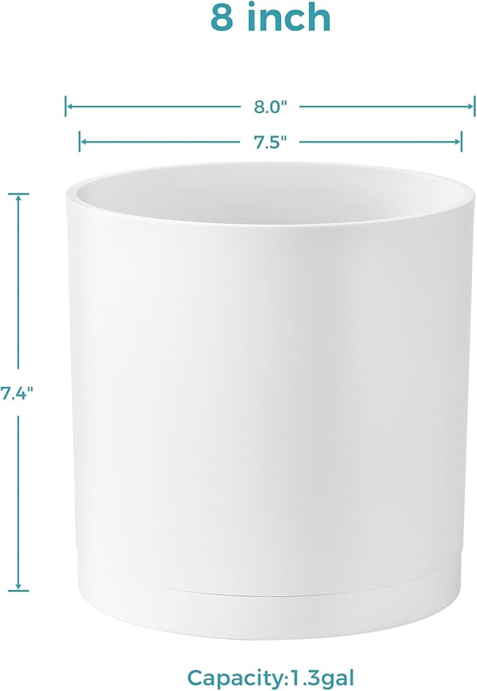 FaithLand 8-Inch Modern Cylinder Planter, Thick-Walled Plastic Plant Pot with Drainage Holes and Detachable Saucer, Matte White, Ideal for Indoor & Outdoor Plants Flowers