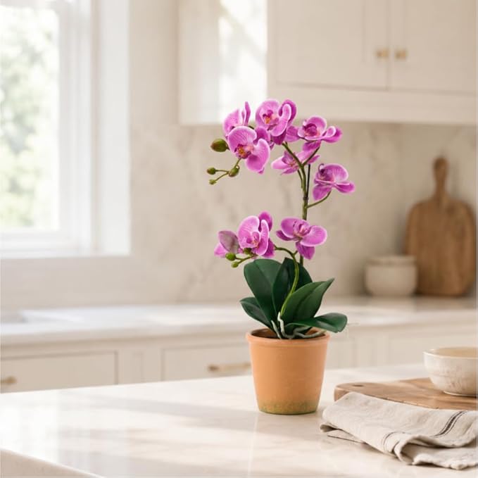 Avoeco Artificial Real Touch Orchid Plant – 15" Faux Phalaenopsis in Pot – Highly Realistic Silk Orchid Flower & Leaf Texture for Home, Office,Shop & Wedding Décor (Fuchsia, 15“)