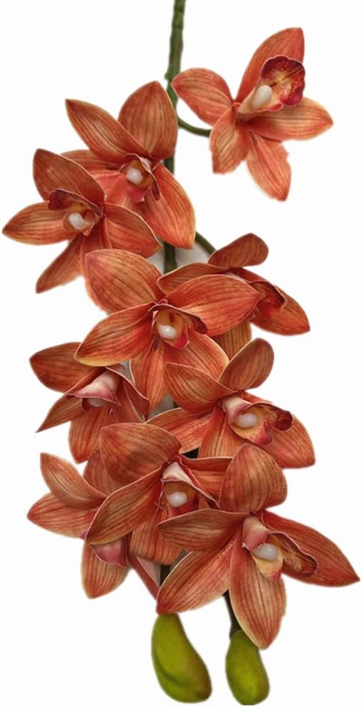 4pcs Artificial Cymbidium Orchid Flower Plant 3D Print Vanda 10 Heads Latex Phalaenopsis Flower (Orange)