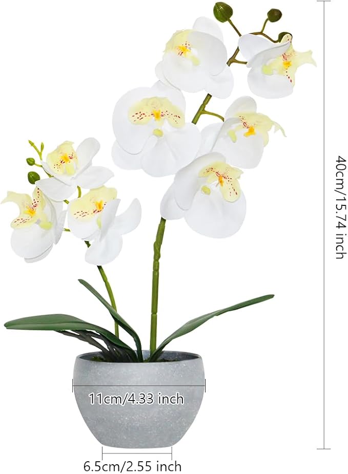 White Orchid Artificial Flowers 2 Stems in Grey Pot, Potted Faux Orchid Flower for Home Bathroom Table Living Room Office Kitchen Decor