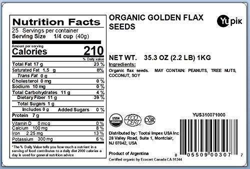 Yupik Organic Golden Flax Seeds, 2.2 lb (35.2 oz), Pack of 6, Gluten-Free, Non-GMO, Kosher, Raw Seeds, Excellent Source of Fiber, Source of Omega-3, Plant-Based Protein, Ideal for Baking & Topping